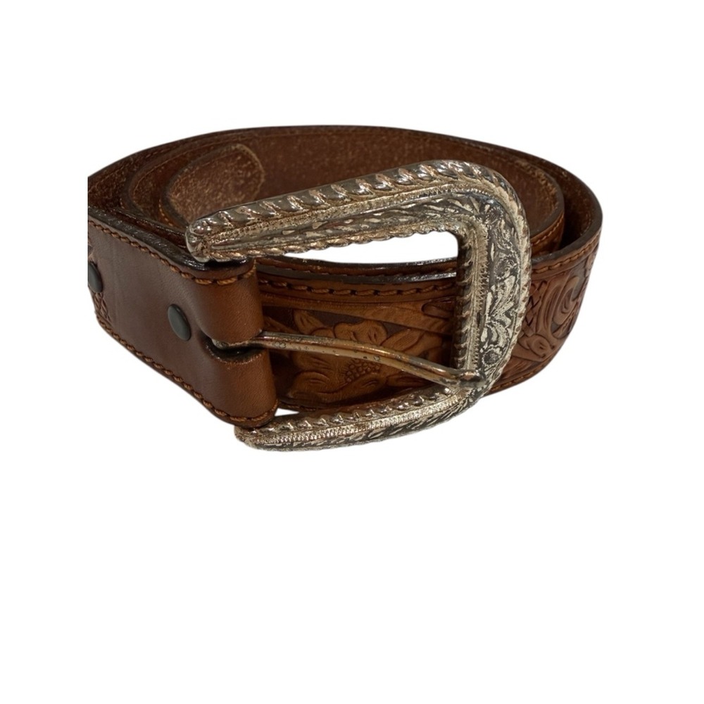 Justin Floral Tooled Leather Belt Mens 38 Brown Good Western Engraved Buckle